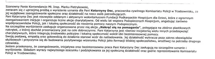 Uznanie dla pracownika cywilnego Komisariatu Policji w Trzebownisku